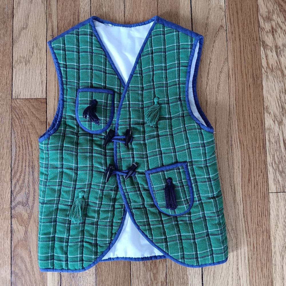 Green Plaid Vest with Blue Trim. Scottish Theme. Handmade. Excellent Condition.